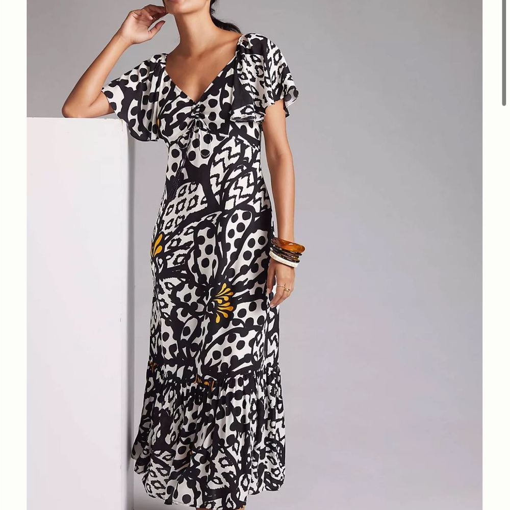 Anthropologie Black White Floral Maxi Dress with Yellow Accents